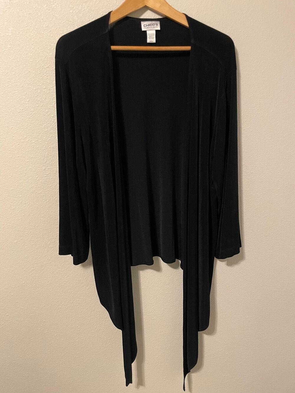 Chicos Cardigan Womens 3 US XL Black Open Front Waterfall Slinky Knit Stretch